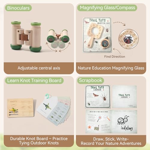 Kids Outdoor Explorer Kit Ages 4–8, Wooden Binoculars, Compass and Knot-Tying Board, Nature STEM Learning & Camping Toy Birthday Gift for Boys and Girls