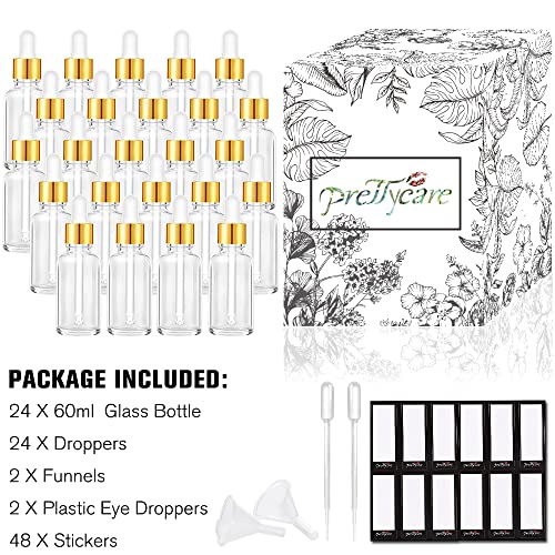 PrettyCare Glass Eye Dropper Bottle 2oz (60ml), 24 Pcs Clear Empty Thick Bottles Bulk with Leakproof Golden Caps - With Labels & Funnels for for Storage, Travel,Essential Oils, DIY Serums, Tincture - color: 2oz Clear, style: 24 Pack