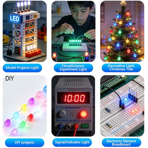 5mm LED Diode Assorted Kit, 500Pcs Box Pack, 5 Colors 100Pcs Each, Round Clear LED Bulbs with Long Pins, for Arduino, STEM Projects, Indicator & Signal Lights, RC Car Light, Low Power Consumption