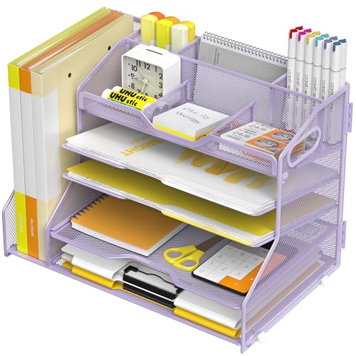 YINGHUA 5-Tier Mesh Desk Organizer and File Holder, Letter Tray - Purple - color: 5 Tier With File Holder-purple