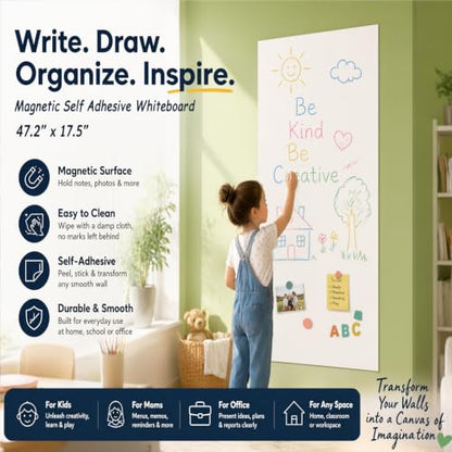 Magnetic Wall Sticker Dry Erase Whiteboard Contact Paper 47.2" x 17.5" Self Adhesive Magnet White Board Wallpaper Peel and Stick Wall Decal for Home Playroom Classroom - color: White