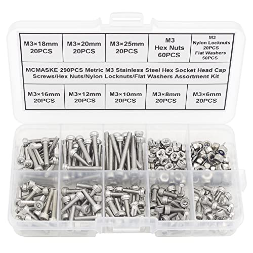 290PCS M3 304 SS Knurled Socket Head Cap Screws Nuts Washers Kit - size: M3