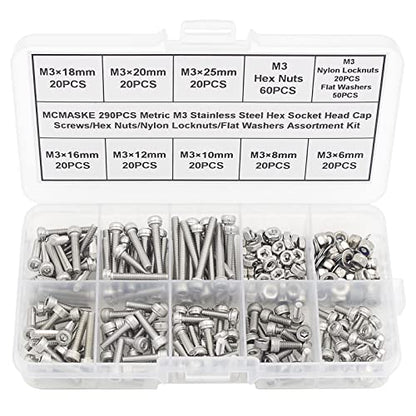 290PCS M3 304 SS Knurled Socket Head Cap Screws Nuts Washers Kit - size: M3