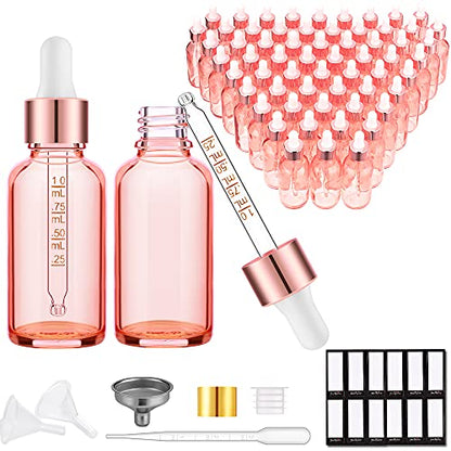PrettyCare Glass Eye Dropper Bottles 2oz (60ml), 63 Pack Empty Thick Rose Glass Bottles Bulk with Leakproof Caps - With Labels & Funnels for for Storage, Travel,Essential Oils, DIY Serums, Tincture - color: 2oz Rose, style: 63 Pack