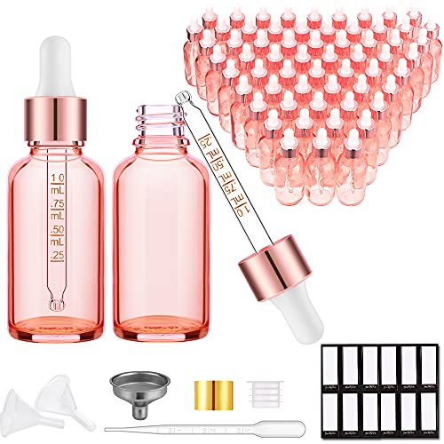 PrettyCare Glass Eye Dropper Bottles 2oz (60ml), 63 Pack Empty Thick Rose Glass Bottles Bulk with Leakproof Caps - With Labels & Funnels for for Storage, Travel,Essential Oils, DIY Serums, Tincture - color: 2oz Rose, style: 63 Pack