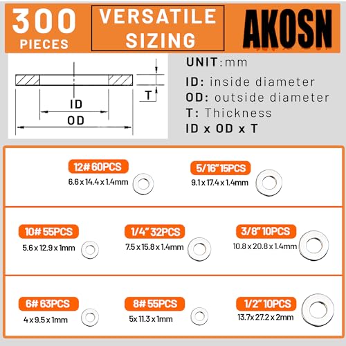 Stainless Steel Flat Washers Assortment Kit, SAE 304, 300-Piece Metal Screw Washers Set for Bolts, 8 Sizes #6; #10; #12; 1/4"; 5/16"; 3/8"; 1/2" - size: Stainless Steel - 300Pcs