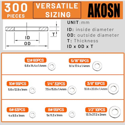 Stainless Steel Flat Washers Assortment Kit, SAE 304, 300-Piece Metal Screw Washers Set for Bolts, 8 Sizes #6; #10; #12; 1/4"; 5/16"; 3/8"; 1/2" - size: Stainless Steel - 300Pcs