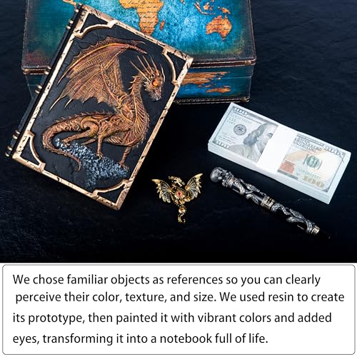 Handmade Flying Dragon Embossed Journal,Resin Engraving Notebook,Lined Paper,Hardcover Travel Notepad for Writing,Sketchbook,Collection,Gift,Decoration Diary for Man Woman A5 Size (Gold with Brooch) - color: Gold with Brooch
