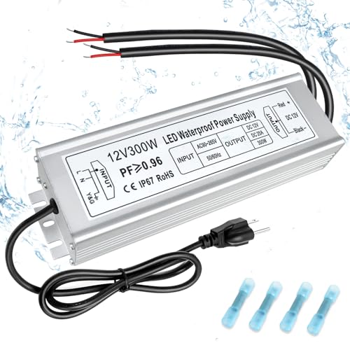 inShareplus 12V Power Supply, 300W LED Driver, AC 90-265V to DC 12 Volt 25A Converter, IP67 Waterproof Low Voltage Transformer with Standard U.S. 3-Prong Plug for LED Lights and Other 12V Products - style: Silver 12V 300W