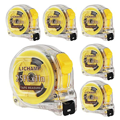 Lichamp 6 Pack 25FT/7.5M SAE/Metric Tape Measure Retractable EasyRead 1/8in