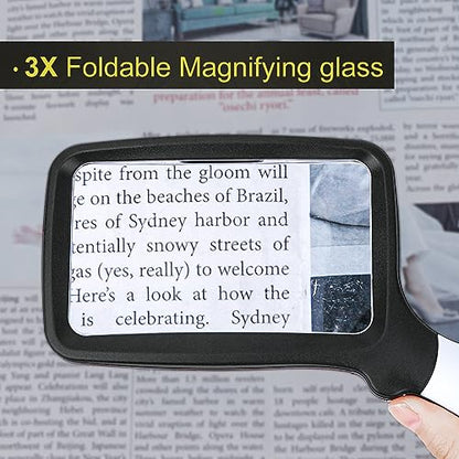 3X Folding Magnifying Glass with Light, Retancular Lighted Magnifier with 5 LED Lights, Handhold Page Magnify Lens Seniors Gift for Reading Books, Coins, Maps, Inspection, Exploring -Black - style: Folding Black