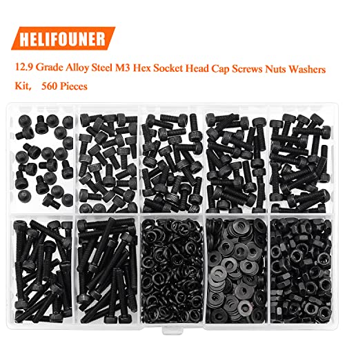 HELIFOUNER 560 Pieces M3 x 4mm /6mm /8mm /10mm /12mm /16mm /20mm, Hex Socket Head Cap Screws Bolts Washers Nuts Kit, 12.9 Grade Alloy Steel, Full Threaded, Black - size: M3, style: Socket Head