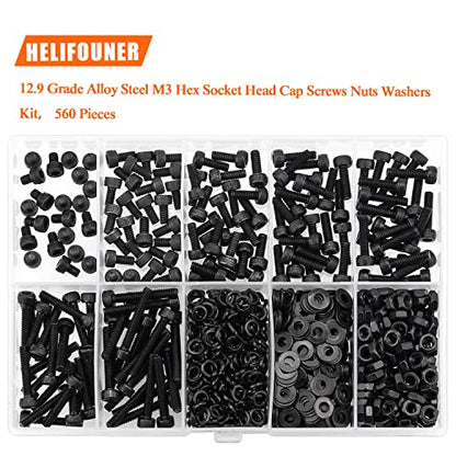 HELIFOUNER 560 Pieces M3 x 4mm /6mm /8mm /10mm /12mm /16mm /20mm, Hex Socket Head Cap Screws Bolts Washers Nuts Kit, 12.9 Grade Alloy Steel, Full Threaded, Black - size: M3, style: Socket Head