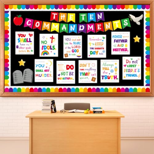Ten Commandments Bulletin Board Set Christian Bible Verse Classroom Decor White Base Inspirational Religious Scripture Cutouts for Back to School Party Classroom Home Chalkboard Wall Door Decor - style: White Base Ten Commandments