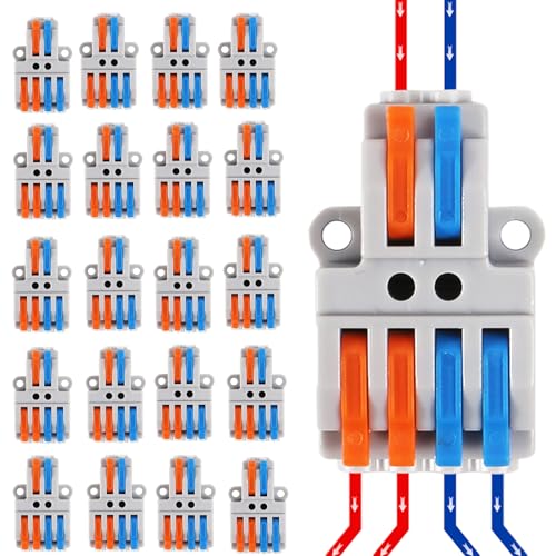 MELFIE 20PCS Lever Wire Connectors, 2 in 4 Out Quick Wire Connectors, Electrical Lever Nuts Wire Connectors Push-in Conductor Terminal Block AWG 28-12 - color: Grey,20pcs 2 in 4 out