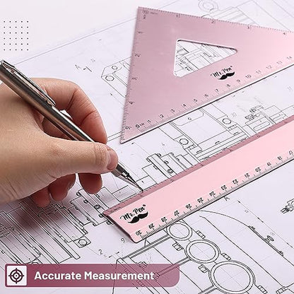 Mr. Pen- Metal Geometry Kit, 4 Pack, 45° & 30°/60° Set Squares - color: Light Pink