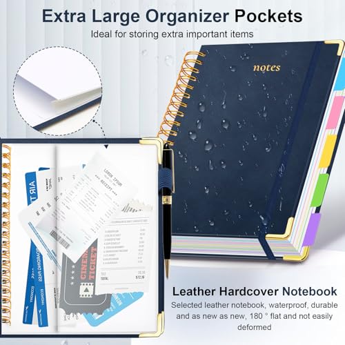 Hardcover Spiral Notebook 8.5"x11" Journal Notebook with Tabs and Removable Dividers 300 Pages 5 Subject Notebook College Ruled, Faux Leather Spiral Bound Notebook for Women School Work(Dark Blue) - color: Dark Blue, size: 8.5"x11"(A4)