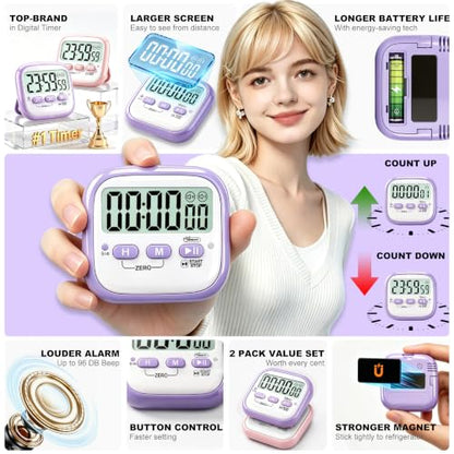 Antonki 2 Pack Classroom Timers for Kids Teachers, Magnetic Countdown Digital Kitchen Timer for Cooking, Study, Exercise, Games, Time Mangement - Loud/Silent Mode - Battery Included - color: Pink & Purple
