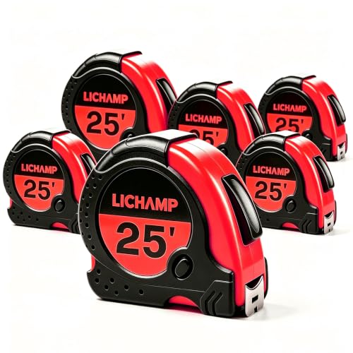 Lichamp 6 Pack 25ft Retractable Tape Measure 1in with 1/8 Fractions, Red - color: Red