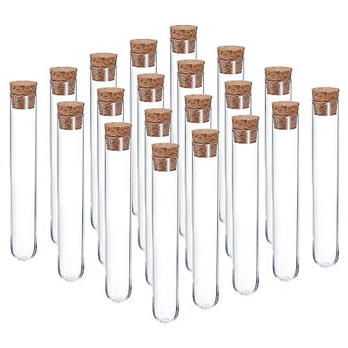 PATIKIL 10ml Plastic Test Tubes with Cork Stoppers, 20Pcs 100x16mm Tubes for Scientific Party Decoration Candy Bead Storage Bath Salt Lab Use, Clear - size: 100x16mm