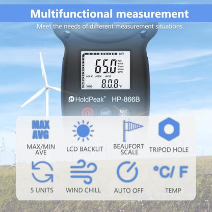 HOLDPEAK 981C Non-Contact Infrared Thermometer Digital Laser Infrared Thermometer -58 to 1022℉ (-50 to 550℃) with Adjustable Emissivity + 866B Digital Anemometer Handheld Wind Speed Meter (2Packs)