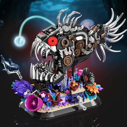 Mechanical Fishing Fish Building Set, 1010pcs Deep Sea Monster Block Models with Coral Base, Steampunk Ocean Animal Building Toys, Suitable for Boys and Girls 8+Home Office Decoration