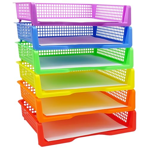 4E's Novelty 6 Colorful Plastic Trays for Teachers, Durable Turn in Trays, Classroom Paper Organizers, Stackable Storage Baskets for Office Desk, Classroom Organization Supplies, 13.3" Lx9.2 Wx3 H