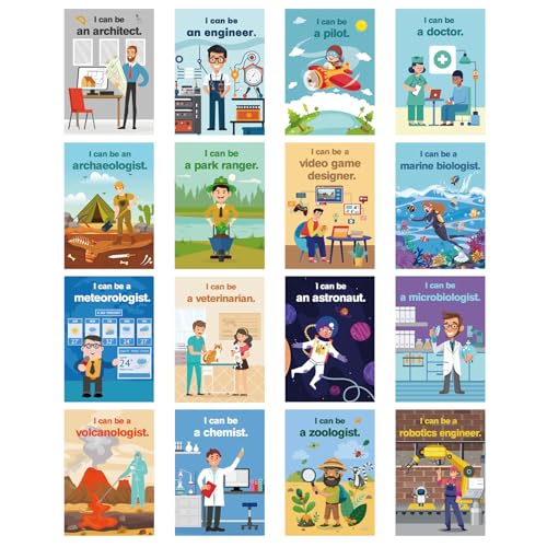 HIQINLUG 16 PCS STEAM Careers Posters Classroom Decorations, Science Classroom Job Bulletin Board Decoration Job Chart Poster with Inspirational Quotes Poster for Schools Teacher Wall Decor Supplies