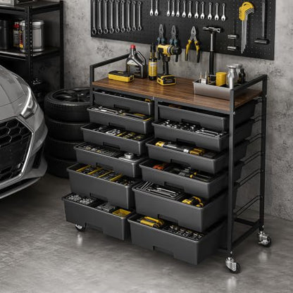 TOOLF 12 Drawers Rolling Storage Cart with Wooden Top for Classroom, Black - color: Black