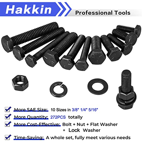 272PCS Hex Bolts and Nuts Kit, 1/4, 5/16, 3/8 Hex Bolts Screws Nuts Flat Lock Washers Assortment Kit, Carbon Steel Machine Screws Set Grade 8.8 (Black) - size: E. 1/4 5/16 3/8