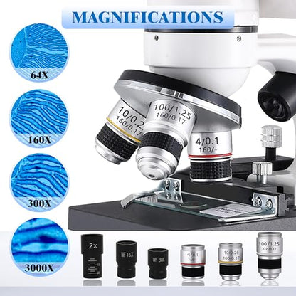 Binocular Microscope for Adults Kids Students, 64X-6000X Microscopes, 3 Objective Lens, Metal-Body Dual LED Illumination, Biological Compound Microscope Kit for School Lab, Homeschool - style: Microscope Kit - 1