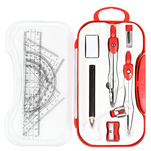 Vobou 10 pcs Math Geometry Set Student Supplies,Compass Kit Set (Red） - color: Red1