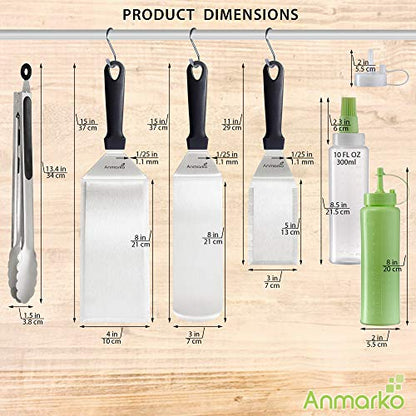 Metal Spatula Set of 6 - Griddle Accessories kit - Grill Flat Spatula Pancake Flipper Hamburger Turner - Metal Utensil Great for BBQ Grill Flat Top Cast Iron Griddle - Commercial Grade - color: Plastic handle set + tongs and bottles
