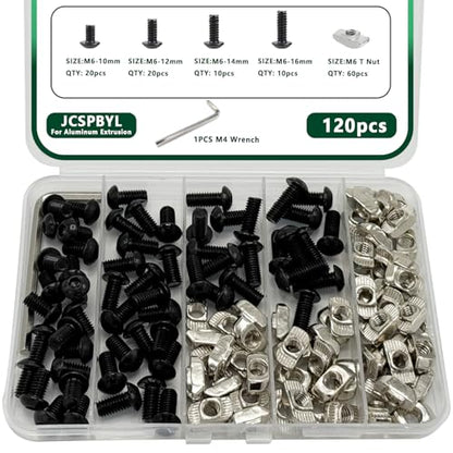 120 pcs M6 T Nut Screws Kit for 3030 3060 Aluminum Extrusion, 60 pcs Black M6x10/12/14/16mm Hexagon Socket Screws and 60 pcs M5 Drop in T-Nuts with 1 pcs M6 Hex Wrench - style: 120pcs 30 Series Screws Kit Black