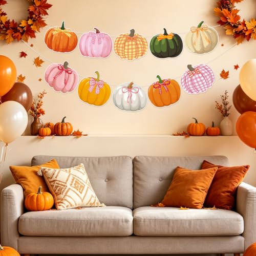2 Pcs Bow Pumpkin Banner Pink Bows Fall Thanksgiving Pumpkin Party Decor - color: Bow Pumpkin