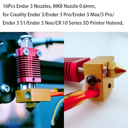16PCS 0.6mm MK8 Brass Nozzles, 3D Printer Extruder Nozzle Compatible with Creality Ender 3 V2/Ender 3 Pro/Ender 5/CR-10 CR-10S, Makerbot Anet A8 3D Printing Replacement Parts - style: 16Pcs Ender 3 Nozzles 0.6mm