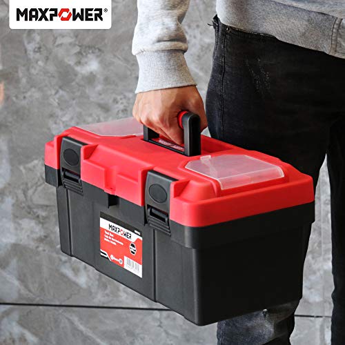 MAXPOWER Tool Box 16 inch, Plastic Small Tool Box with Latch Removable Tray - color: Red, size: 16"