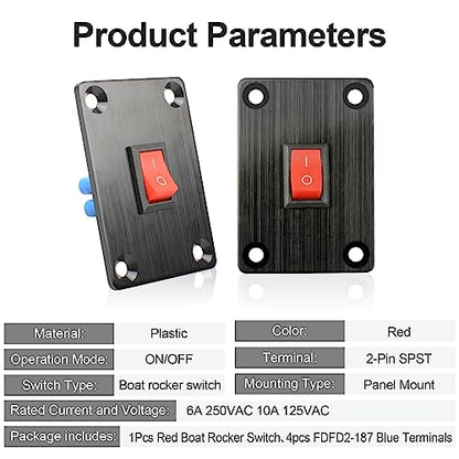 1Pcs Red KCD1 Boat Rocker Switch 2-Position 2-Pin SPST Panel Switch 6A 250VAC 10A 125VAC, with 4pcs FDFD2-187 Blue Terminals, CE - color: 1Pcs Red