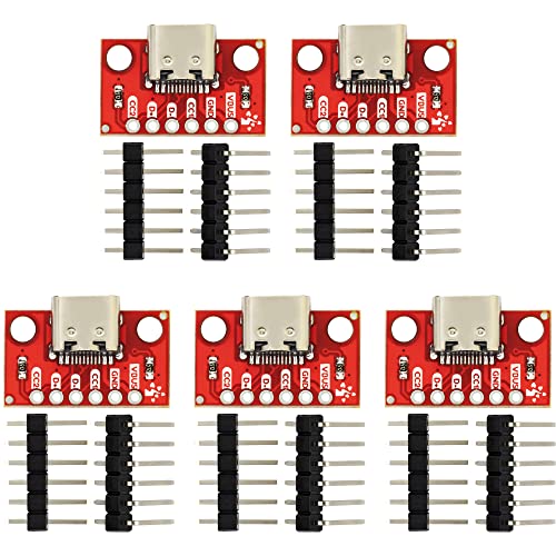 5pcs USB Type C Breakout Board Female Connector Type 6Pin 2CC 2.54mm / 0.1" Pitch with Straight Pin Header and Right Angel Pin Header - color: USB C Breakout 2 CC Pins