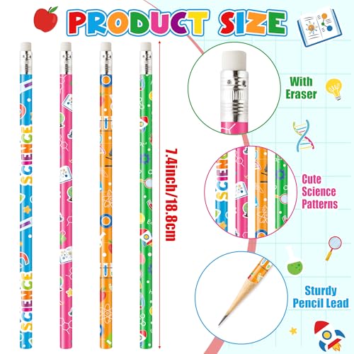 Xqumoi 60Pcs Science Themed Pencils with Eraser - Chemistry Biology Physics #2 HB Pencils, Science Lover Stationery Office Supplies Student Classroom Rewards Goodie Bag Fillers Party Favors - style: Science