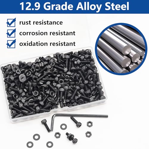 300PCS M3 x 8mm Hex Socket Head Cap Screws with Nuts and Washers, 12.9 Grade Alloy Steel M3 Bolts with Hex Wrench - color: BK-M3 x 8mm