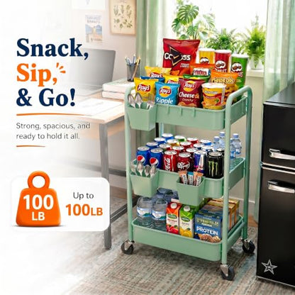3 Tier Rolling Storage Cart Metal with Wheels,Sage Green Diaper Caddy Carts - color: Sage Green, size: 3 Tier + Cups + Hooks
