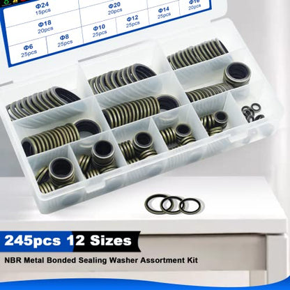 245 PCS Seal Washers NBR Metric Metal Rubber Washers Kit 12 Size - color: 245PCS Black Sealing Washers
