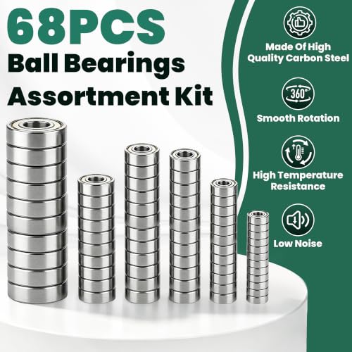 68 PCS Ball Bearings Kit, 6 Sizes Steel Small Roller Bearings