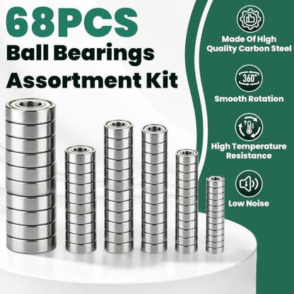 68 PCS Ball Bearings Kit, 6 Sizes Steel Small Roller Bearings