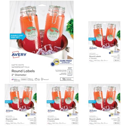 Avery Durable Waterproof Labels, Sure Feed Technology, 2" Diameter,Matte White, Laser/Pigment-Inkjet Printable,96 Blank Label,Great -Food Containers,Product Merchandising, and More (5657) (Pack of 5) - style: 96 labels (Pack of 5)