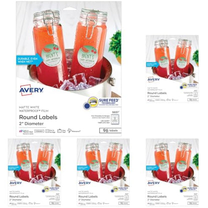 Avery Durable Waterproof Labels, Sure Feed Technology, 2" Diameter,Matte White, Laser/Pigment-Inkjet Printable,96 Blank Label,Great -Food Containers,Product Merchandising, and More (5657) (Pack of 5) - style: 96 labels (Pack of 5)