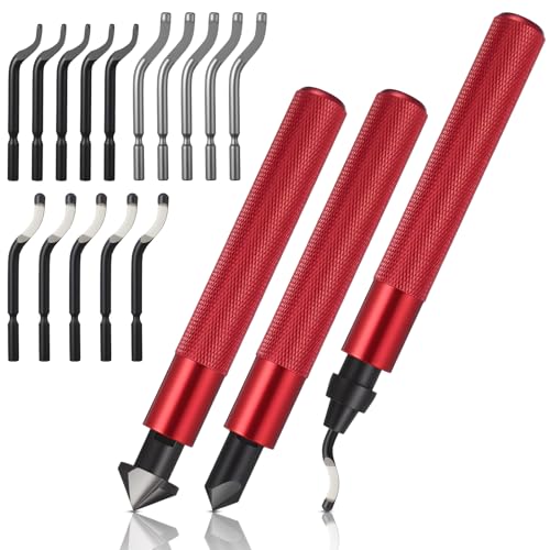 3 Pcs Hand Deburring Tool Kit 2 Countersink Hand Reamer and 1 Deburring Tool with 15 Extra High Speed Steel Swivel Blade for Metal, Resin, Aluminum, Copper, Plastic, 3D Printing, Wood(Red) - color: Red