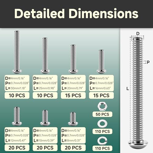 380Pcs M4 Screw Assortment Kit, M4 x 8/10/12/16/20/25/30mm 304 Stainless Steel Metric Button Head Socket Cap Screws, Nuts and Flat Washers, Bolt and Nut Set for 3D Printing - color: (Silver) Button Head, size: 380Pcs M4-0.7