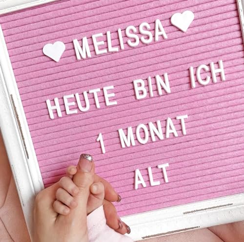 Pink Felt Letter Board Baby Announcement Sign with Rustic Wood White Frame - Rustic Farmhouse Letter Board Sign with Stand - 10x10 Felt Board Changeable Message Board with 350 Letter Set - color: Pink, size: 10x10 inches